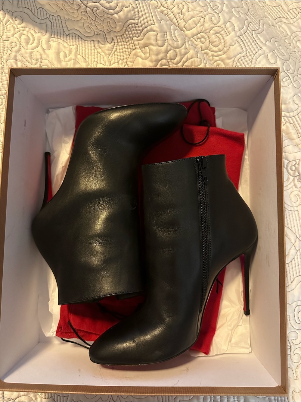 Christian Louboutin Black Leather Pointed Ankle Booties with Red Sole